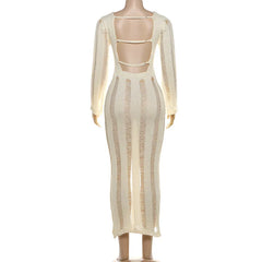 Mannequin wearing a sheer beige dress with long sleeves