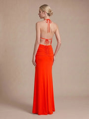 Back view of halter neck twisted waist full length gown