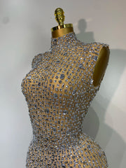 Rhinestone High Neck Sleeveless Dress