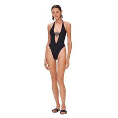 Halter Neck Plunge One-Piece Swimsuit and High-Slit Wrap Skirt Set
