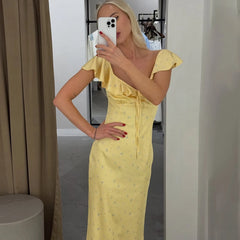 Yellow Floral Ruffle Off-Shoulder Midi Dress