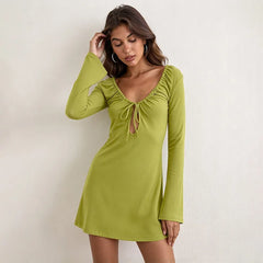 Ruffle V-Neckline Long Sleeve Mini Dress