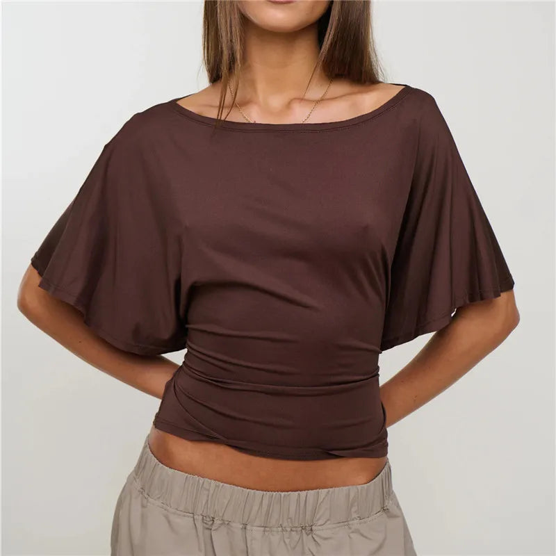 Off shoulder boat neck crop top in chocolate
