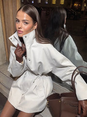 Drawstring Waist Standing Collar Trench Coat