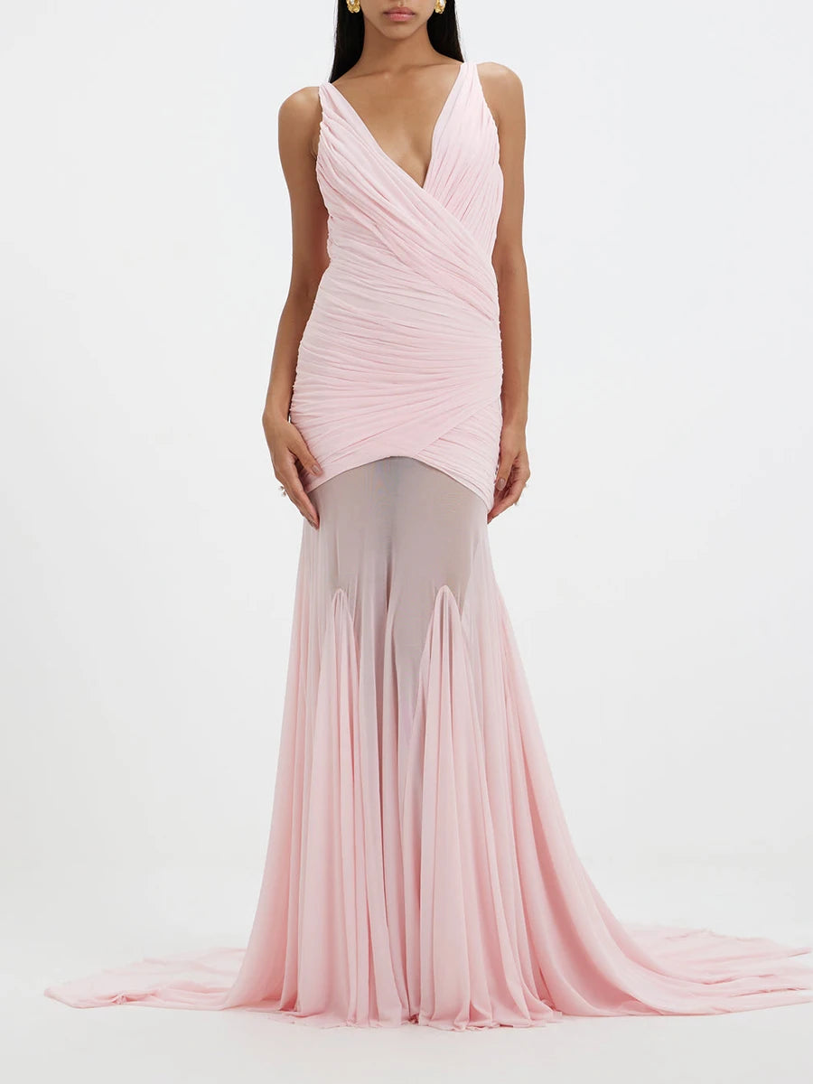 Ruched V-neck sleeveless maxi dress in pink