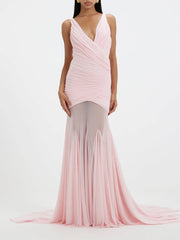 Ruched V-neck sleeveless maxi dress in pink