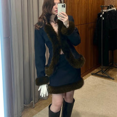 Fur Trim Long Sleeve Coat and Mini Skirt Set