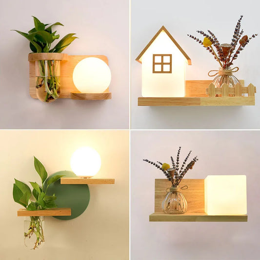 Wooden Lamp Led Creative Green Plant Pot Light Fixtures