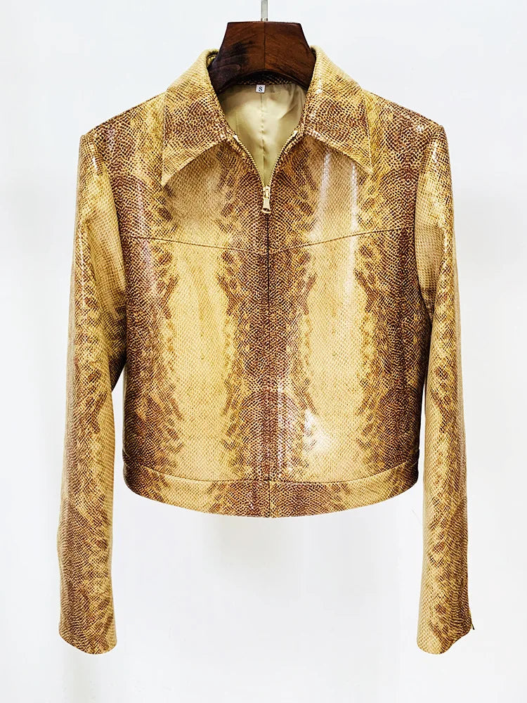 Front view of a snake print leather-look jacket with a turn-down collar.