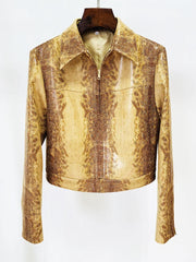 Front view of a snake print leather-look jacket with a turn-down collar.