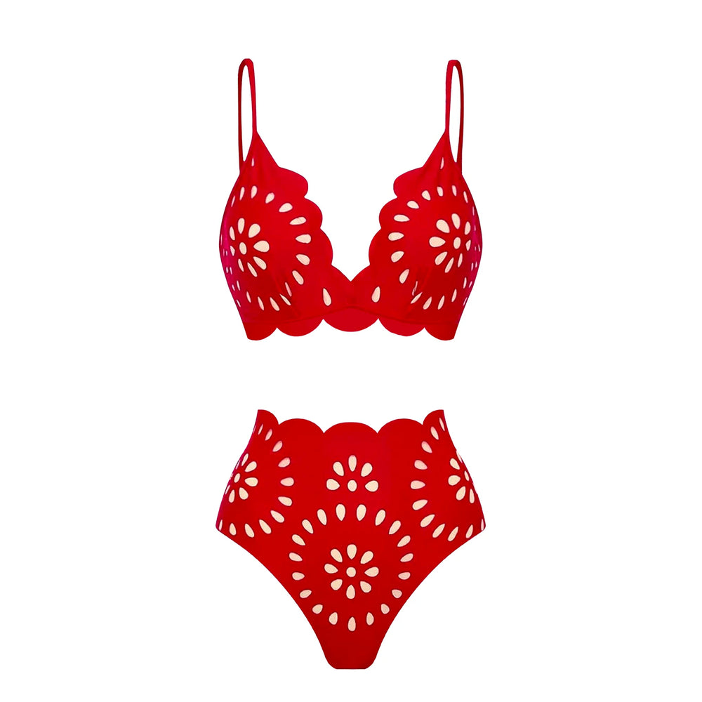 Red scalloped edge eyelet bikini set