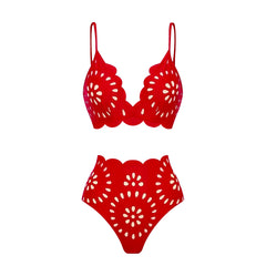 Red scalloped edge eyelet bikini set