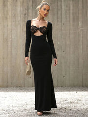 floor length black sheath dress with cut out neckline
