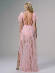 Pink V-Neck Ruffle Tulle High Slit Dress