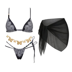 Print Embellished Bikini and Wrap Skirt Set