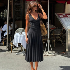 Black v-neck ruched midi dress