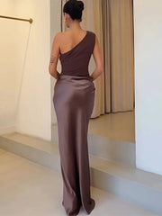 Satin One Shoulder Ruched Maxi Dress