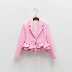 Ruffled Hem Lace-Up Crop Blazer
