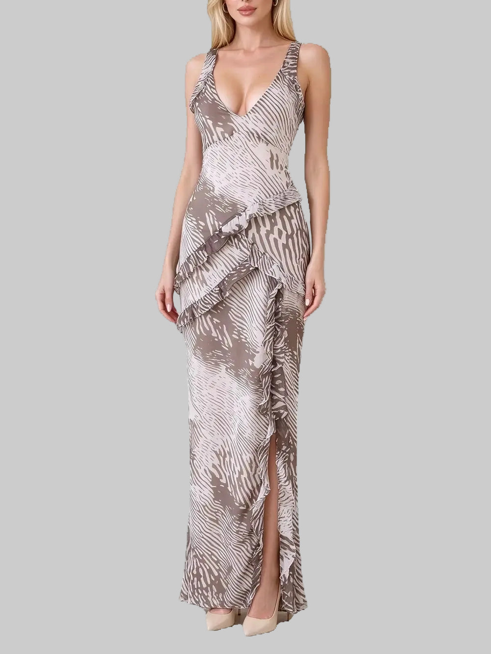 Ruffle Zebra Print V-Neck Maxi Dress on model