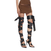 Studded lace-up thigh-high heeled sandals in black