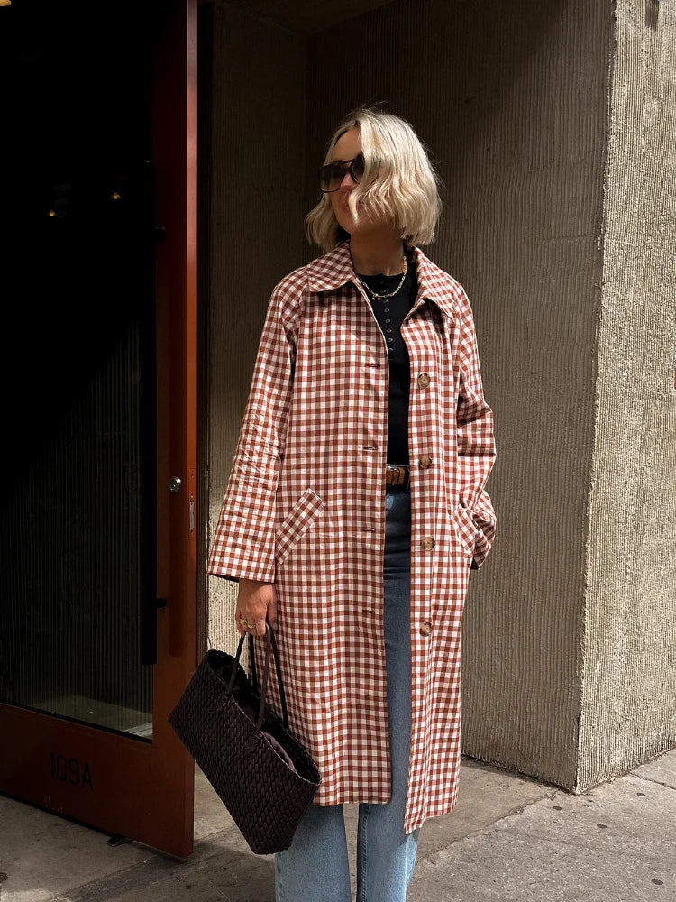 Plaid lapel long jacket