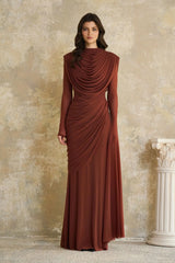 Rust Draped High Neck Long Sleeve Maxi Gown