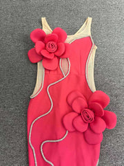 Red dress with floral details on a gray background