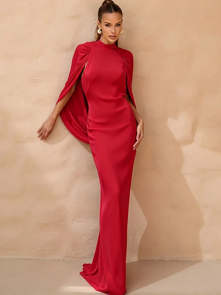 Red Mock Neck Cape Maxi Dress