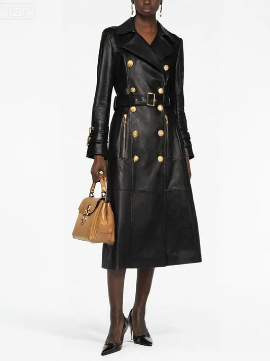 Black faux leather trench coat with gold buttons