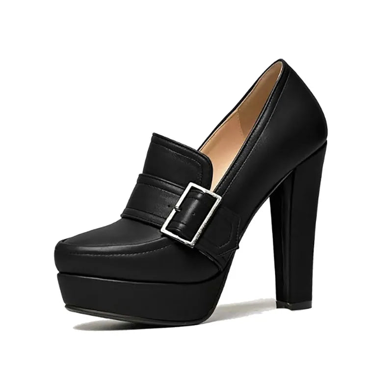 Black platform belt buckle round toe heels