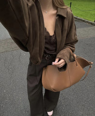 Lapel Suede Cropped Bomber Jacket