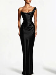 Satin Bodycon One Shoulder Cowl Neck Maxi Dress