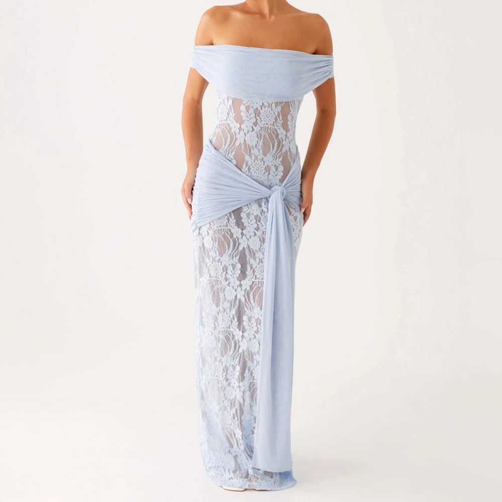 Light blue off-shoulder lace dress on a white background