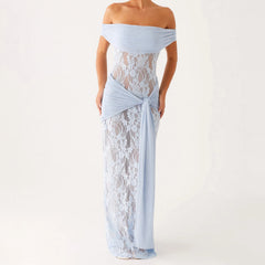 Light blue off-shoulder lace dress on a white background