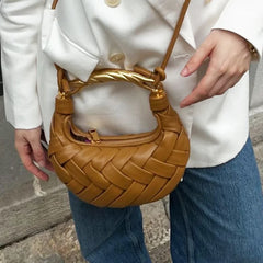 Golden Handle Woven Suede Shoulder Bag