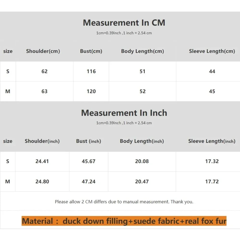 Measurement chart for clothing sizes in centimeters and inches with material details.