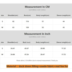 Measurement chart for clothing sizes in centimeters and inches with material details.
