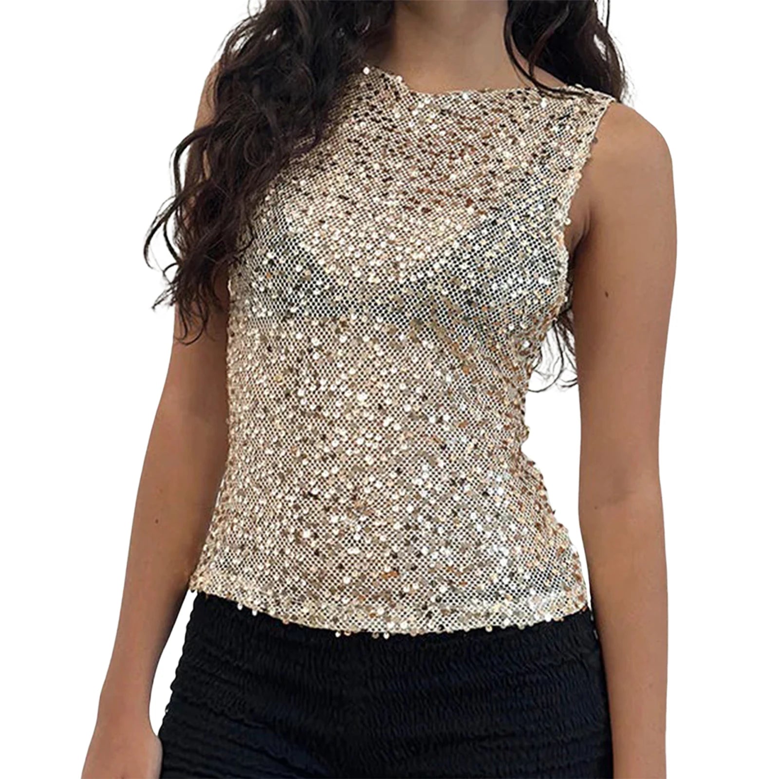 Gold sequin top worn by a person on a white background