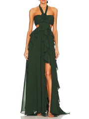 Green evening gown with ruffled details on a white background