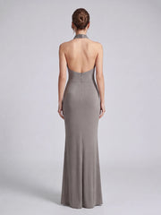 Diamond Embellished Halter Neck Ruched Floor Length Gown