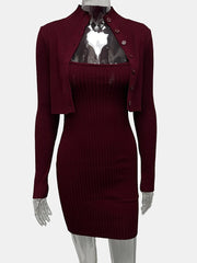 Maroon ribbed dress with matching bolero on a mannequin against a white background