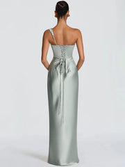 Satin Bodycon One Shoulder Cowl Neck Maxi Dress