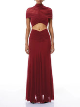 Red ruched cutout high neck sleeveless maxi Dress