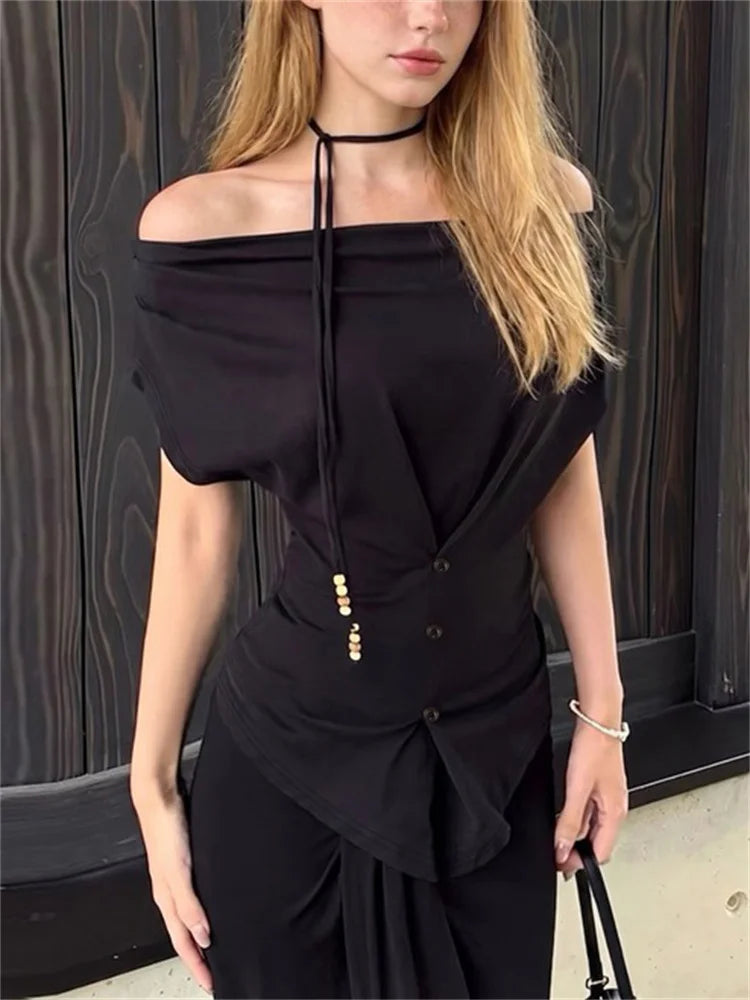 Off-shoulder ruched bodice top with button front