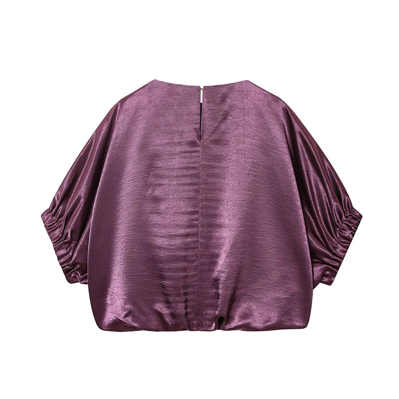 Purple satin blouse with balloon sleeves