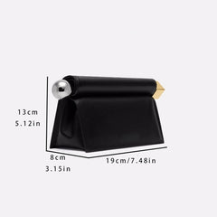 Black clutch bag with measurements on a white background