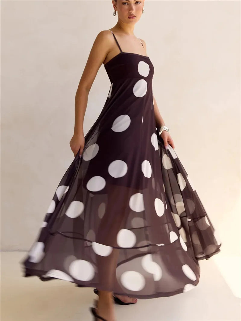 Spaghetti strap polka dot mesh maxi dress