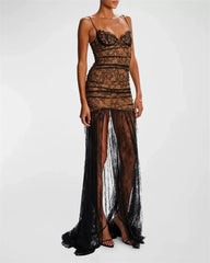 Black Lace Mesh Bodycon Gown with Sheer Overlay