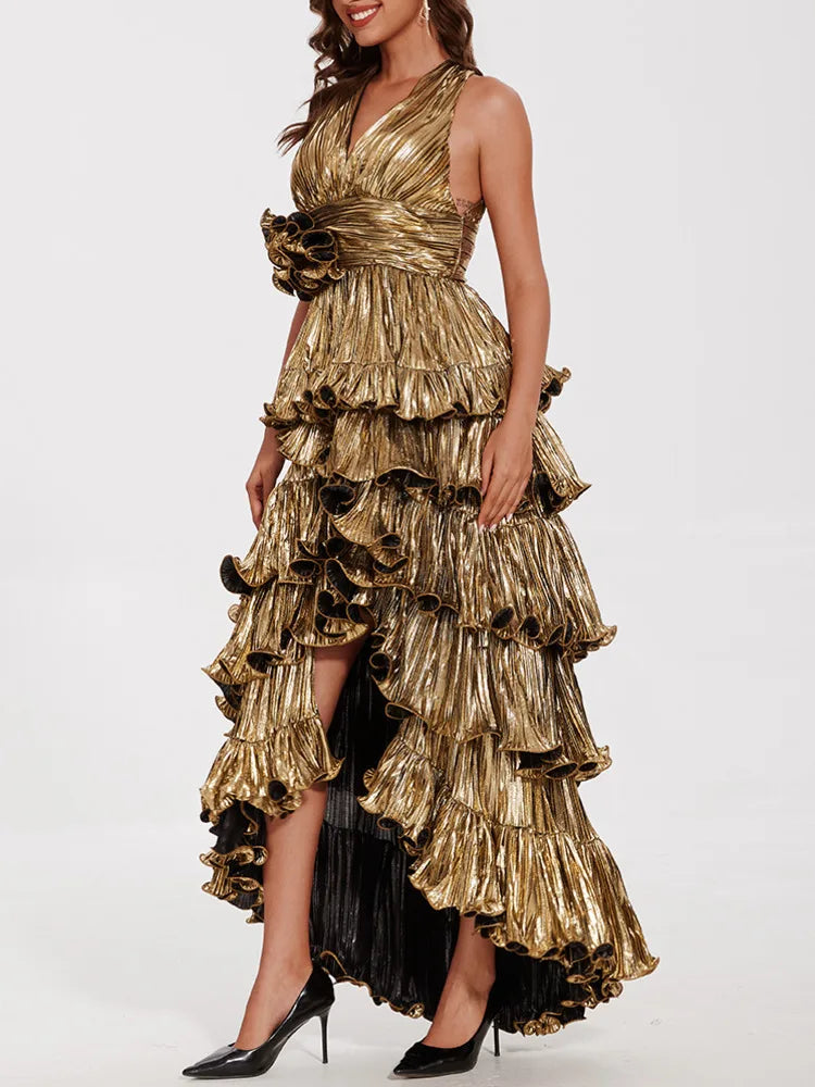 Halter neckline metallic dress shown in full length