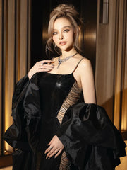 Black Sequin Chain Spaghetti Strap Maxi Dress